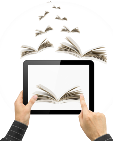 Foto van een iPad waar boeken in de vorm van 'gestileerde vogels' binnenvliegen