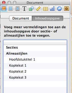 Paneel waarmee je de inhoudsopgave opmaakt
