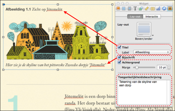 Een afbeelding in een iBooks Author met het infovenster waarin je de toegankelijkheidsbeschrijving, de titel en het bijschrift ingeeft