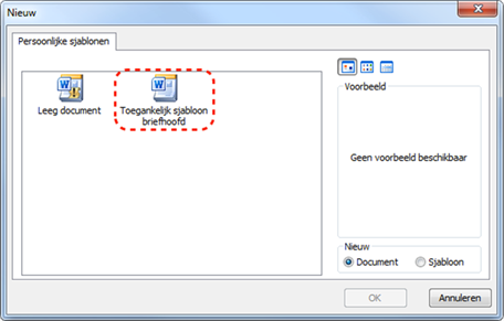 Dialoogvenster waarin je kan aangeven welk sjabloondocument je wil openen