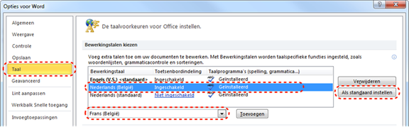 Dialoogvenster 'Opties voor Word' waar je onder andere de standaardtaal voor Word-documenten kunt aangeven