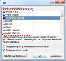 Dialoogvenster 'Taal' waarin je de taal van het document of van een tekstselectie kan aangeven