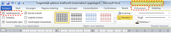 Instelling 'Veldnamenrij' in het lint 'Start'