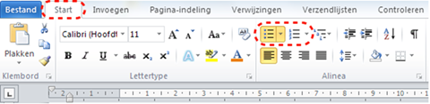 Knoppen voor opsommingslijsten of genummerde lijsten in het lint 'Start'