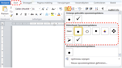 Menu 'Opsommingstekens' vanuit het lint 'Start' waarmee je een stijl voor de opsommingstekens kan kiezen