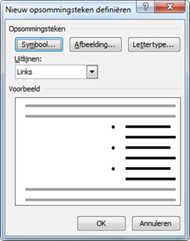 Dialoogvenster 'Nieuw opsommingsteken definiëren' waarin je kan aangeven hoe de opsommingslijsten eruit moeten zien