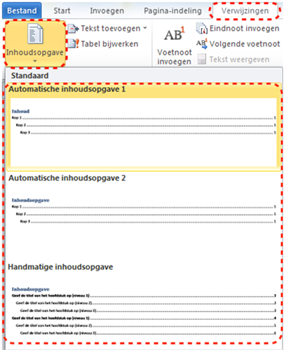 Menu 'Inhoudsopgave' vanuit het lint 'Bestand' waar je een stijl kan kiezen voor de automatisch gegenereerde inhoudsopgave