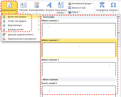 Menu 'Paginanummers' vanuit het lint 'Invoegen' waar je een stijl kan kiezen voor de paginanummering
