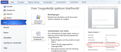 Het paneel 'Info' in het lint 'Bestand' - In dit paneel kan je een titel toekennen aan het document