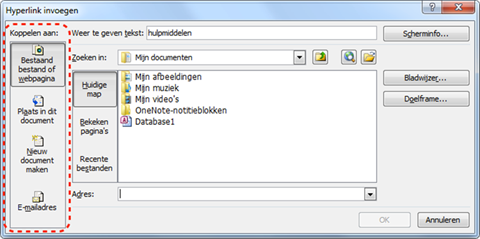 Dialoogvenster 'Hyperlink invoegen' waarin je het type, de naam en het doel van een hyperlink kan opgeven