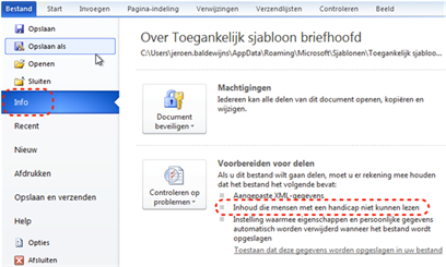 Het paneel 'Info' in het lint 'Bestand'. In dit paneel krijg je onderd andere toegang tot de toegankelijkheidschecker van Word