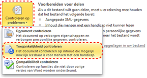 Menu met controlefuncties van Word. In dit menu kan je de Word controlefunctie op toegankelijkheid starten