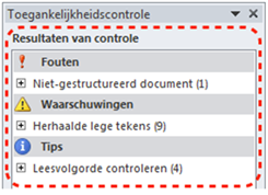 Venster 'Toegankelijkheidscontrole' dat de resultaten toont van de Word toegankelijkheidschecker