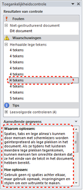 Venster 'Toegankelijkheidscontrole' dat de resultaten toont van de Word toegankelijkheidschecker en dat tips geeft hoe je elk van de voorkomende toegankelijkheidsproblemen kan oplossen