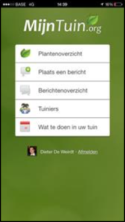 Hoofdmenu van de app Mijn Tuin