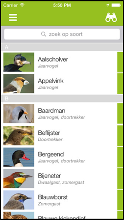 Overzicht scherm vogels 