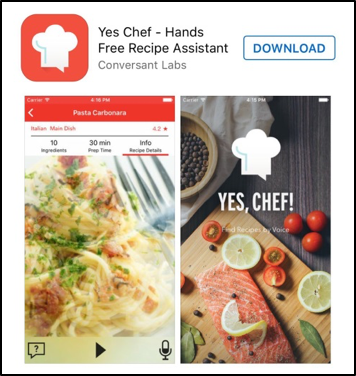 De Yes, Chef! app in de App Store. Volledige naam Yes Chef - Hands Free Recipe Assistant. Het app icoon is rood met een witte koksmuts