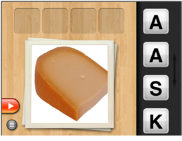 Screenshot met het woord KAAS  met letters door elkaar en foto van stuk kaas
