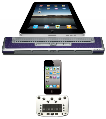 Collage met iOS braille opstellingen met Ipad en Iphone