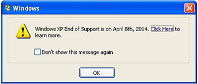 Screenshot van pop-up van Microsoft met melding dat Windows XP support eindigt op 8/04/2014