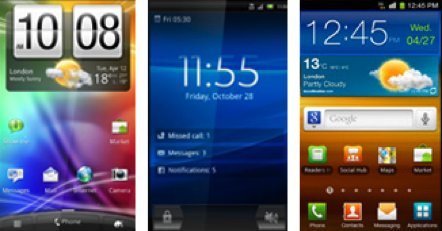 Collage van 3 verschillende android versie startschermen