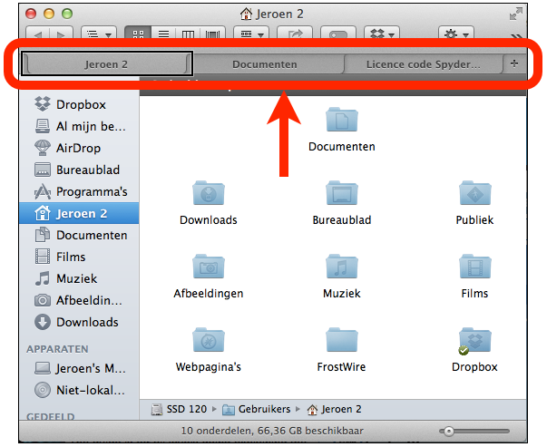 De tabbladen balk in een finder venster