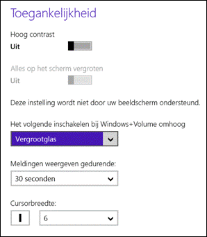 Toegankelijkheidsvenster van het Sartscherm van Windows 8