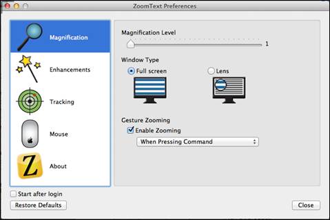 Zoomtext voor Mac bedieningsvernster screenshot