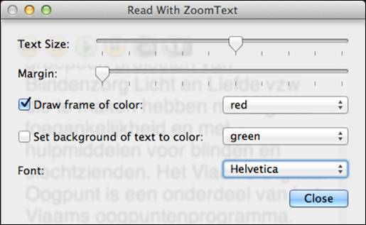 Readwithzoomtext vergrotingsinstellingen screenshot